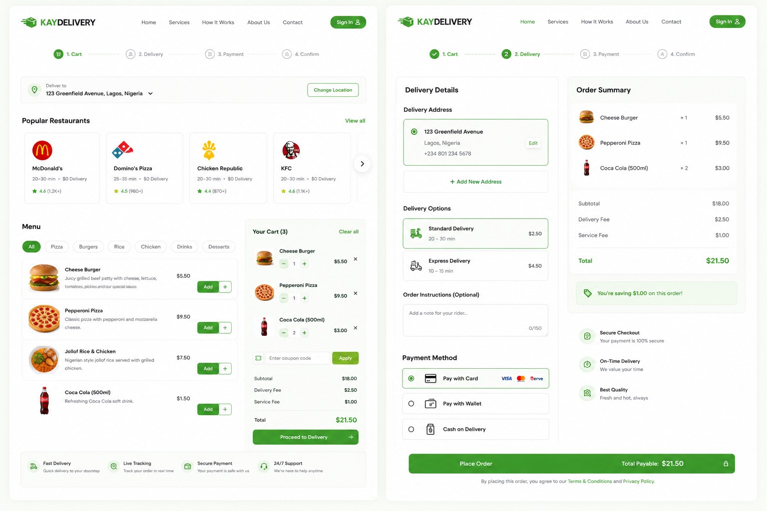Kaydelivery mobile app screens